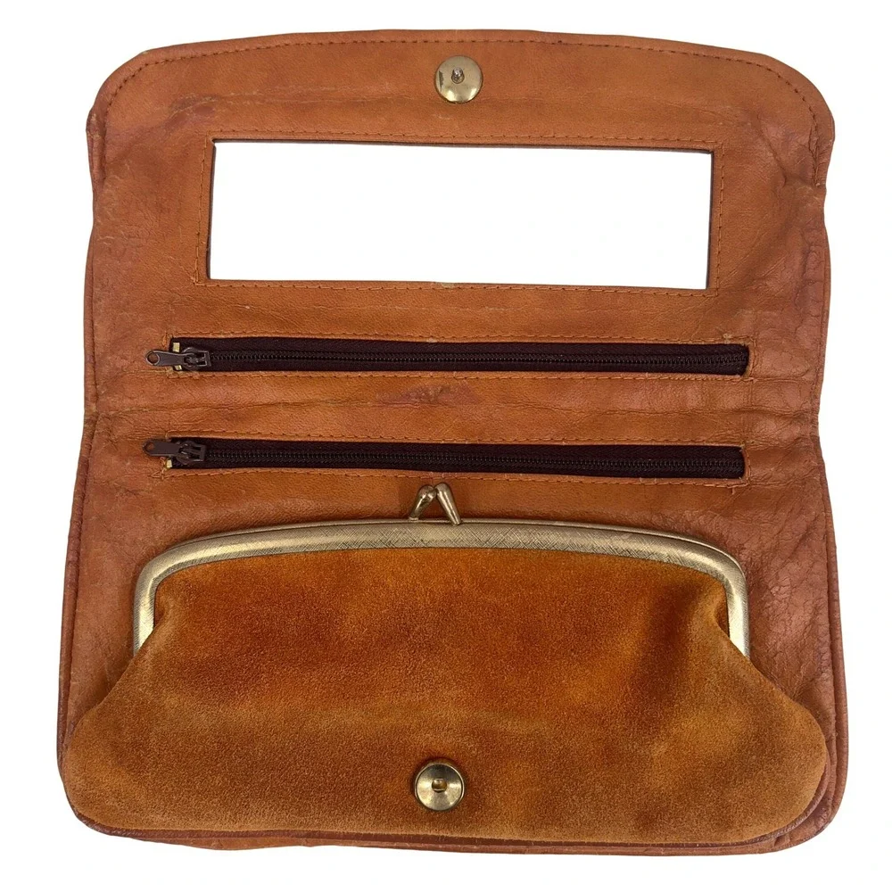Vintage 70s Leather‎ Suede Patchwork Wallet Cognac Kiss Clasp Mirror Hong Kong
